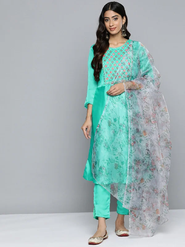 Floral Embroidered Mirror Work Silk Georgette Kurta With Trousers & Dupatta Blue - Rasiya Skinny Trousers Denim Stretchy