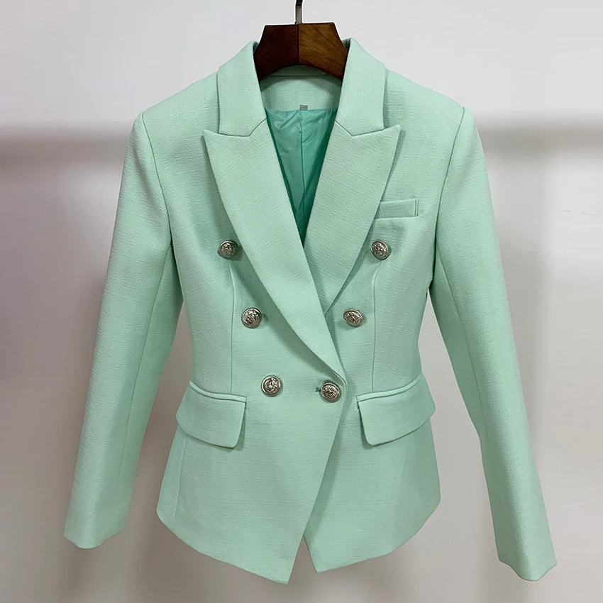 Classic Baroque Designer Jacket Women's Metal Lion Buttons Double Breasted Textured Blazer Mint Green Print Jacket Jacquard Jacket Embroidered Jacket