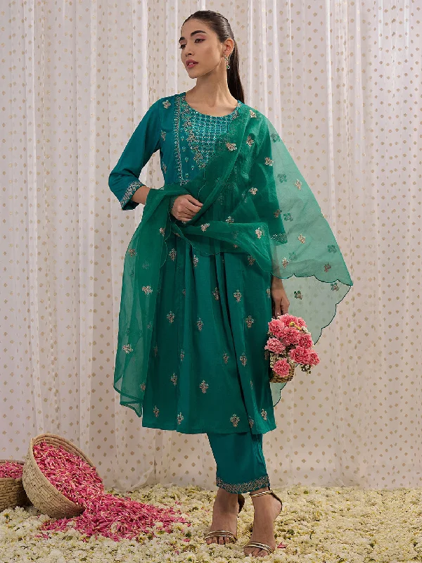 Women's Teal Embroidered A-Line Kurta Trousers With Dupatta Set - Indo Era Trousers Evening Elegant