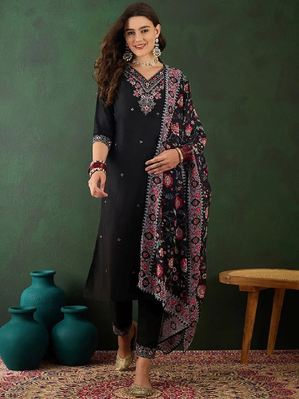 Sangria Floral Embroidered Sequinned Kurta with Trousers & Dupatta Trousers Leather Faux Sangria Floral Embroidered Sequinned Kurta with Trousers & Dupatta Trousers Leather Faux