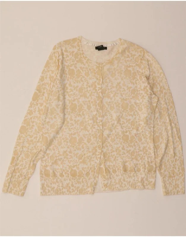 EDDIE BAUER Womens Cardigan Sweater UK 16 Large Beige Floral Lambswool Tailored Straight A-Line