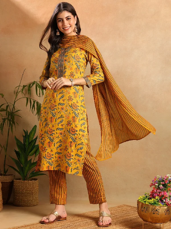 Women's Yellow Rayon Blend Floral Printed Straight Kurta Trouser With Dupatta - Ahika Trousers luxurious high-end