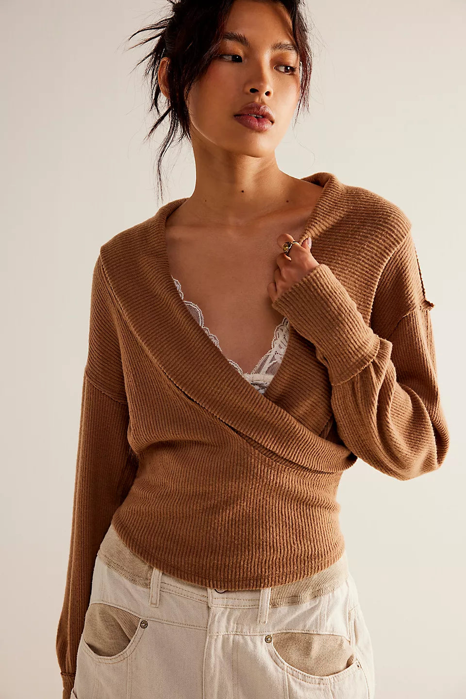 Free People We The Free Hold Me Close Pullover - Tobacco Brown Flutter Sleeve Feminine