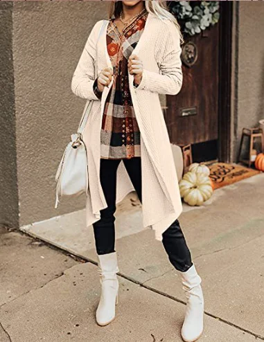 knitted cardigan sweater coat with long sleeves, pleated front placket and irregular hem Handmade Hand-knitted Hand-woven knitted cardigan sweater coat with long sleeves, pleated front placket and irregular hem Handmade Hand-knitted Hand-woven