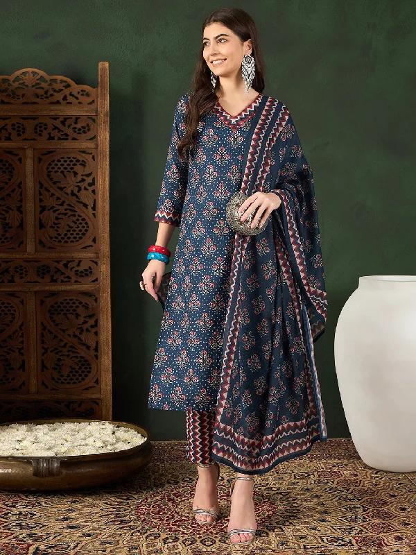 Women's Navy Blue Rayon Blend Floral Printed Straight Kurta Trouser With Dupatta - Ahika Trousers Silk Elegant