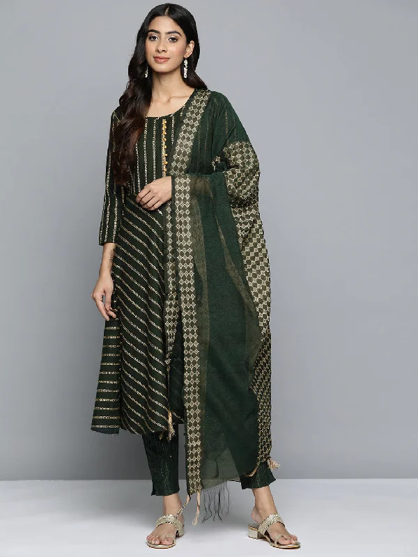 Women Olive Green Embroidered Regular Kurta With Trousers & With Dupatta - Rasiya Trousers fashionable chic