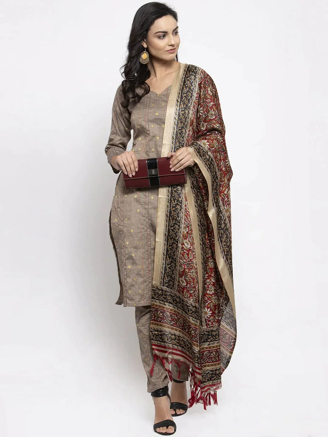 Women Grey Striped Kurta With Trousers & Red Printed Dupatta - Rasiya Trousers Solid Black