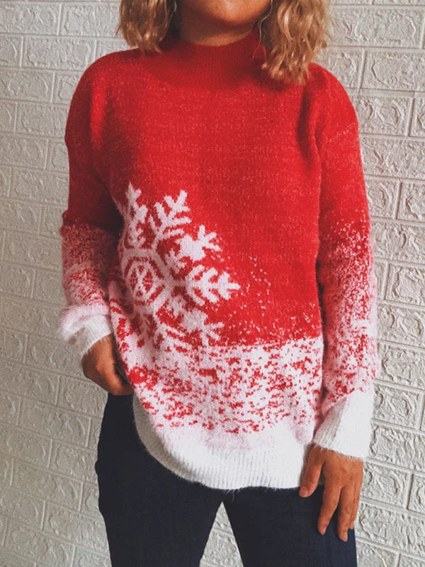 Women's Half Turtleneck Long Sleeve Snowflake Color block Knit Christmas Sweater Terry Terry Cloth Terry Knit