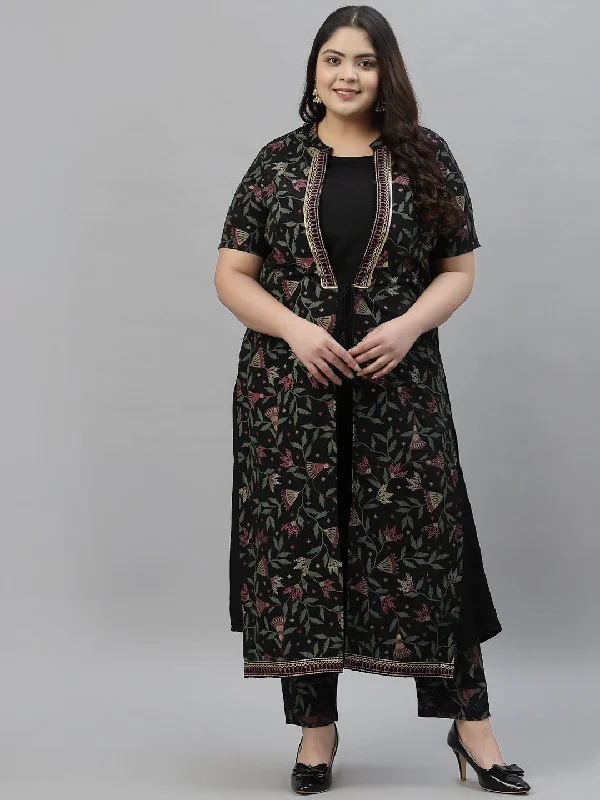 Sztori Plus Size Floral Foil Printed Mandarin Collar A-Line Kurta With Trouser Trousers Harem Relaxed Fit