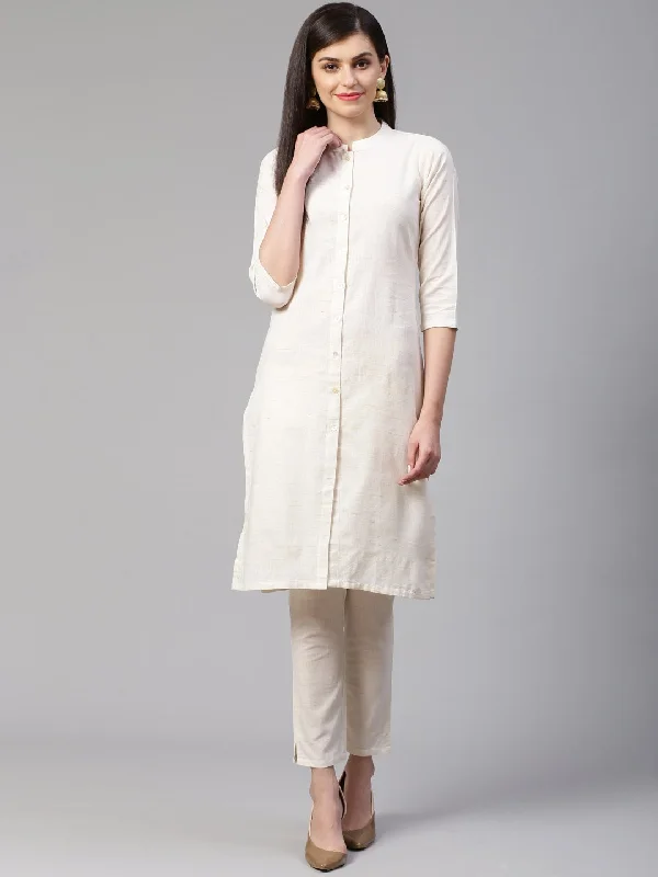 Women's Off White Woven Design Kurta with Trousers - Jompers Trousers Running Lightweight