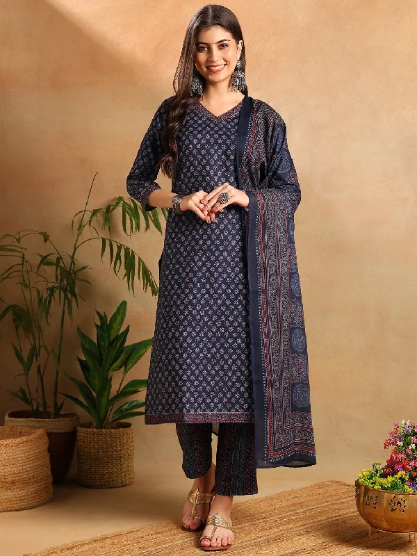 Women's Navy Blue Poly Rayon Ajrakh Printed Straight Kurta Trouser With Dupatta - Ahika Trousers Review Highly