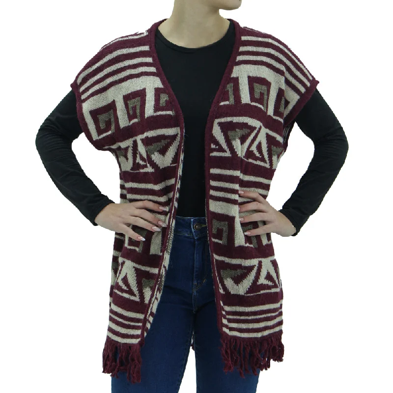 Women's Knitted Fringe Cardigan Sweater,Beige/Burgundy Stretchy Elastic Breathable