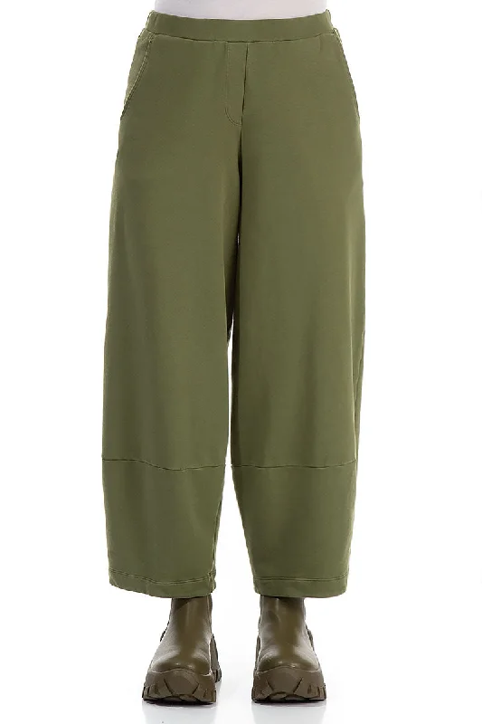 Loose Olive Cotton Trousers High Waist Slim Fit Ankle Length