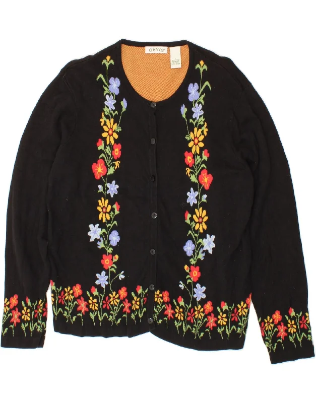 ORVIS Womens Graphic Cardigan Sweater UK 14 Large Black Floral Cotton Bright Pastel Dark ORVIS Womens Graphic Cardigan Sweater UK 14 Large Black Floral Cotton Bright Pastel Dark