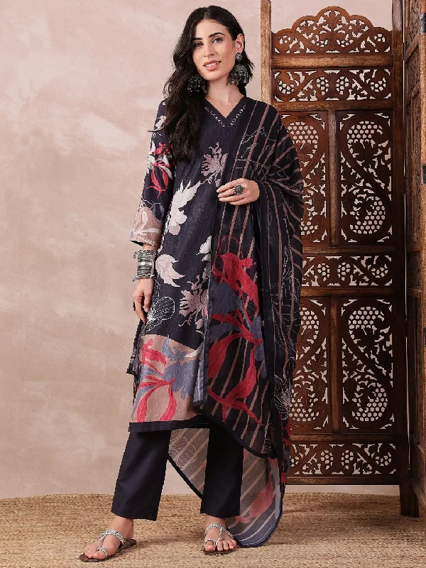 Women's Black Silk Blend Floral Printed Straight Kurta Trouser With Dupatta - Ahika Trousers Essential Wardrobe