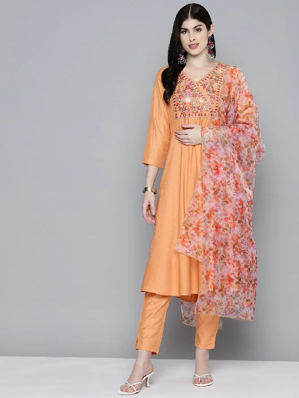 Women Embroidered Thread Work Kurta & Trousers With Dupatta Orange - Rasiya Trousers Cargo Utility