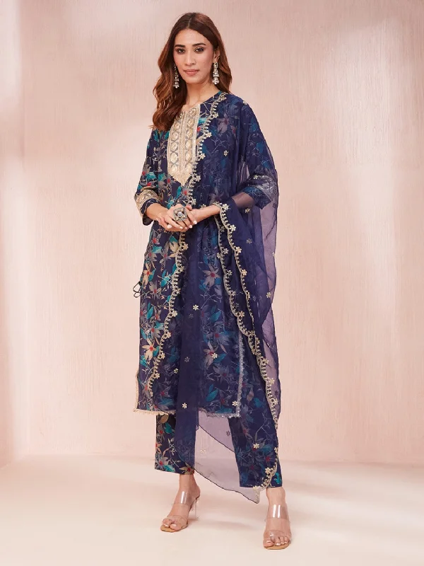 Women's Blue Floral Print Sequins_Work Straight Kurta Trouser And Dupatta Set - Yufta Trousers Culottes Wide Leg