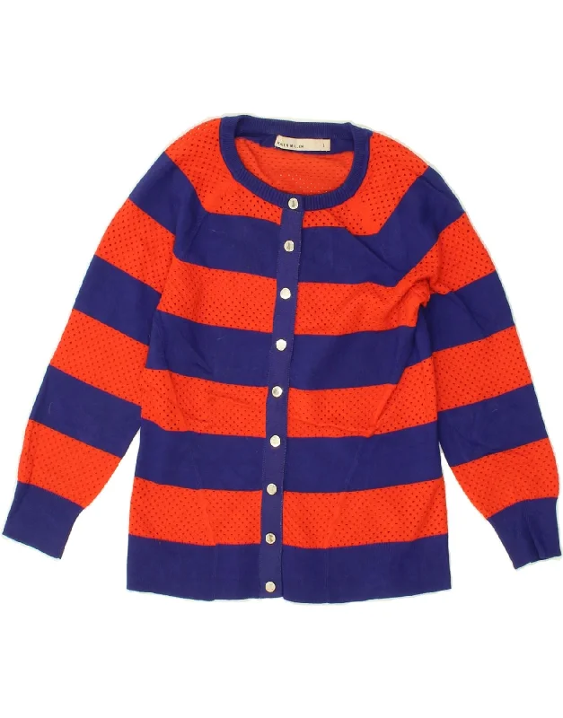 KAREN MILLEN Womens Cardigan Sweater UK 8 Small Blue Striped Viscose Notch Collar Peter Pan Collar Cowl Neck KAREN MILLEN Womens Cardigan Sweater UK 8 Small Blue Striped Viscose Notch Collar Peter Pan Collar Cowl Neck