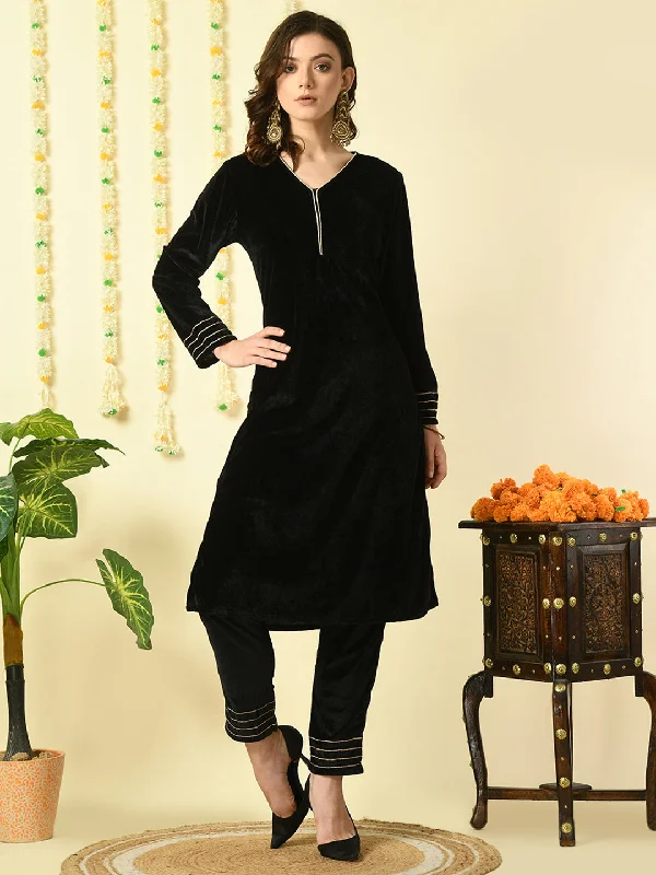 Women's Black  Velvet Kurta With Trousers  Party Sets - Myshka Trousers Seasonal Trendy