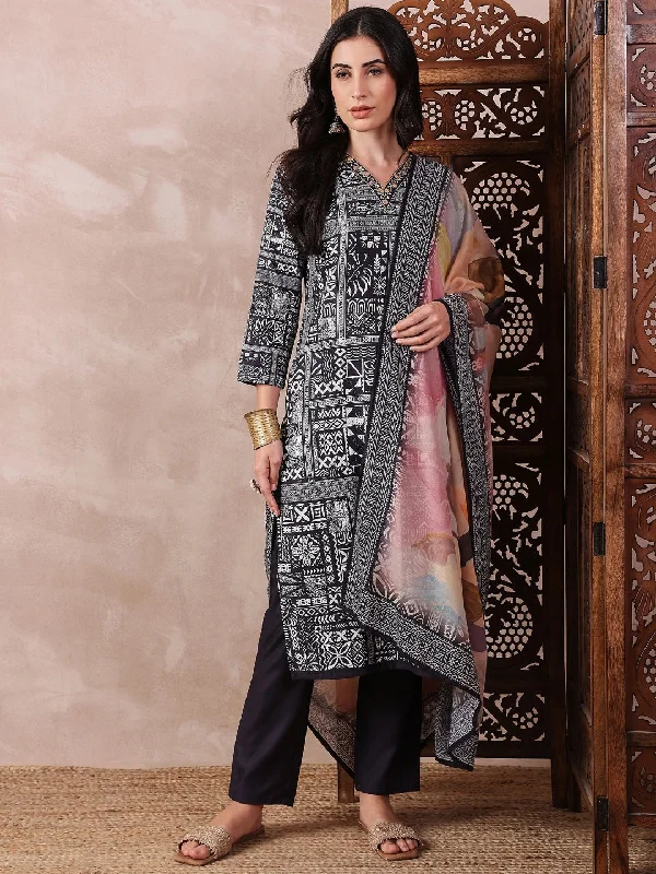 Women's Black Silk Blend Geometric Printed Straight Kurta Trouser With Dupatta - Ahika Trousers High Rise Slim Fit