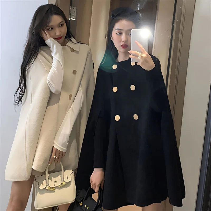 Fashion Woolen Poncho Coats for Women Autumn Winter Solid Cape Cloak Coat Loose Overcoat Female Double Breasted Lapel Jackets Chenille Jacket Brocade Jacket Lace Jacket