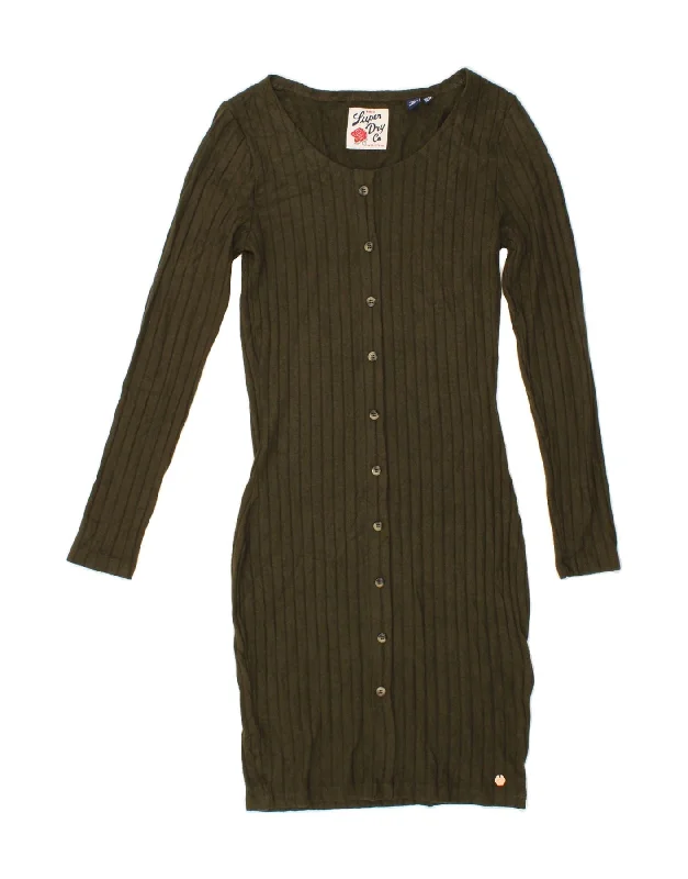 SUPERDRY Womens Longline Cardigan Sweater UK 10 Small Khaki Viscose Lace Blend Ribbed Blend Corduroy Blend