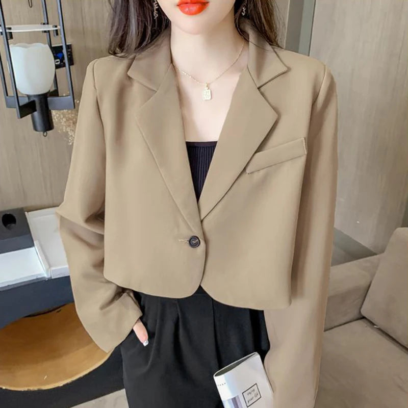 Cropped Blazers Women Solid Color Simple Single-button Outwear Teens All-match Long Sleeve Office Suit Jacket Cardigan Sweater Pullover