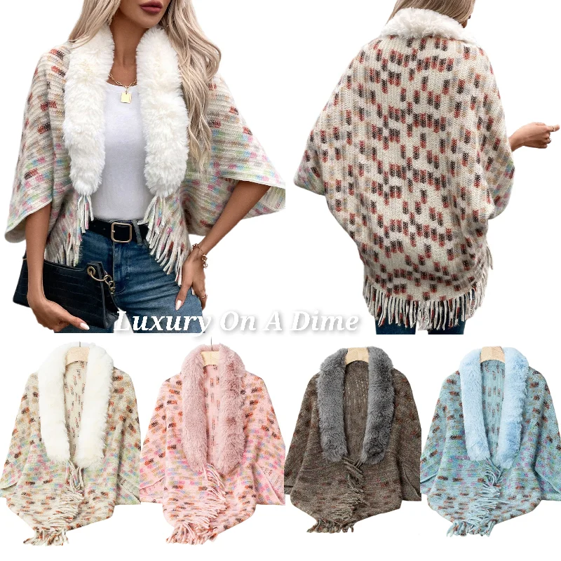 Plush Faux Fur Retro Fringe Hem Open Front Oversized Poncho Knit Cardigan Fleece Cardigan Nylon Polyester Plush Faux Fur Retro Fringe Hem Open Front Oversized Poncho Knit Cardigan Fleece Cardigan Nylon Polyester