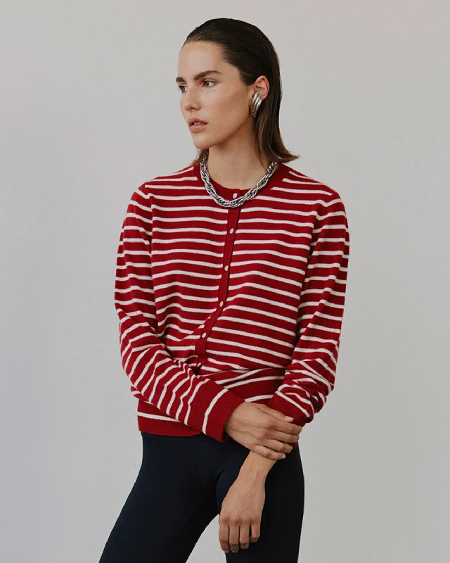 CISSESW STRIPE CARDIGAN - Red Striped Beaded Cardigan Sequined Faux Fur