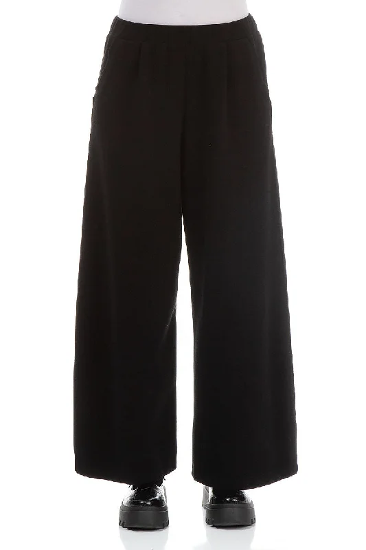 Wide Leg Black Cotton Jersey Trousers Trousers Elastic Waist Soft