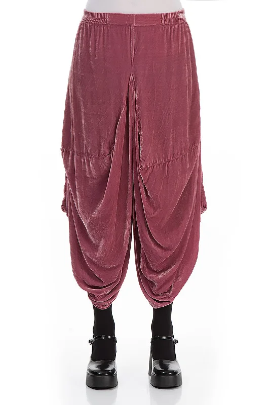 Wide Leg Dusty Rose Silk Velvet Trousers Wide Leg Loose Fit Mid Waist