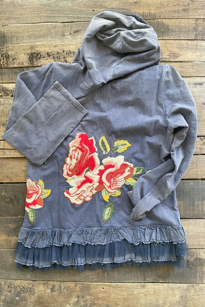 Rose Garden Navy Embroidered Jacket One-Shoulder Jacket Off-the-Shoulder Jacket Asymmetrical Jacket