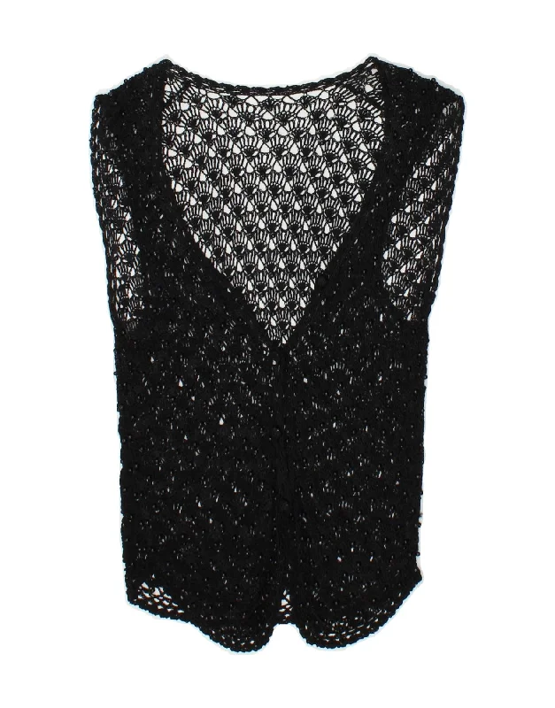 VINTAGE Womens Sleeveless Crochet Cardigan Top UK 4 XS Black Fleece Fabric Down Fabric Feather Fabric