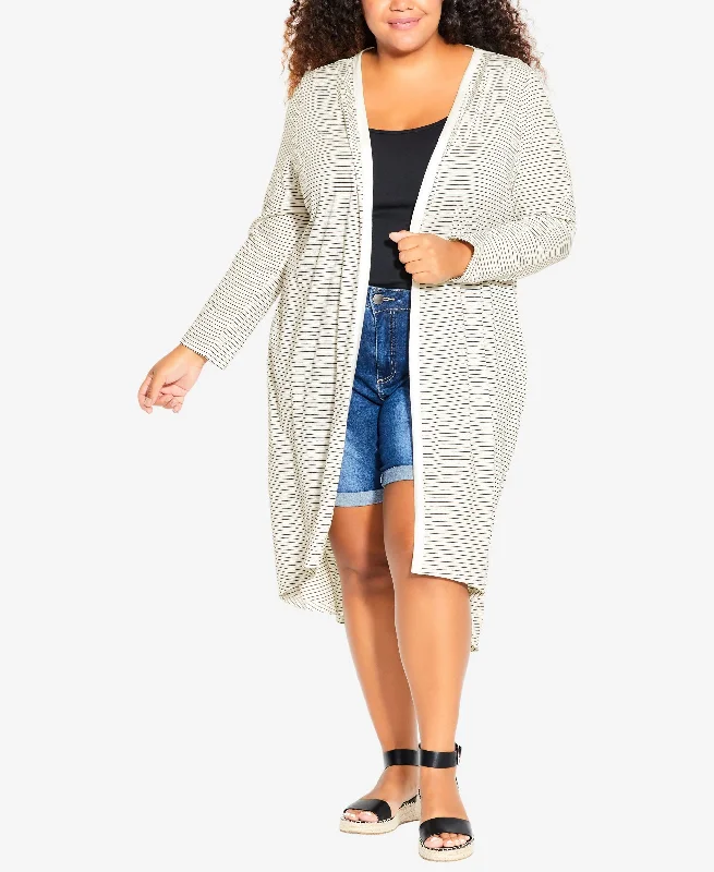 Avenue Plus Size Cotton Stripe Longline Cardigan Sweater Solid Print Embellished