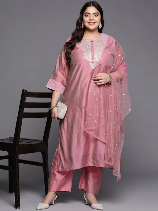 Sztori Plus Size Floral Embroidered Regular Chanderi Silk Kurta & Trousers With Dupatta Trousers sophisticated sleek