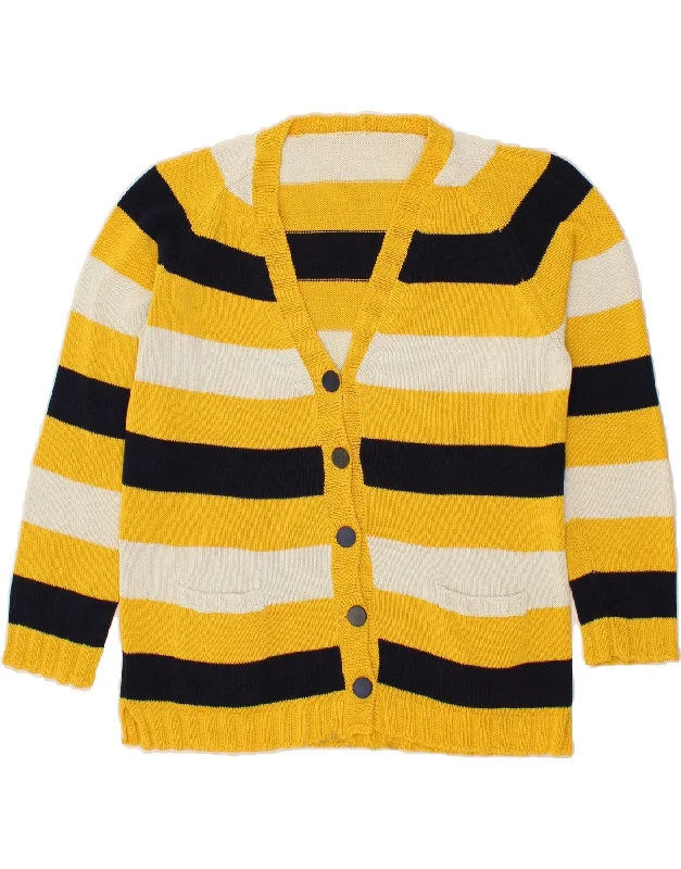VINTAGE Womens Cardigan Sweater UK 16 Large Yellow Striped Patchwork Embroidered Appliqued VINTAGE Womens Cardigan Sweater UK 16 Large Yellow Striped Patchwork Embroidered Appliqued