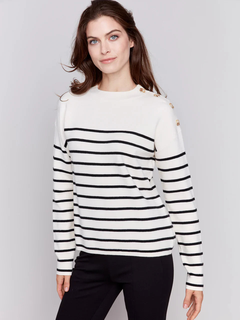 Striped Sweater with Button Detail Cable Knit Ribbed Knit Lace Knit