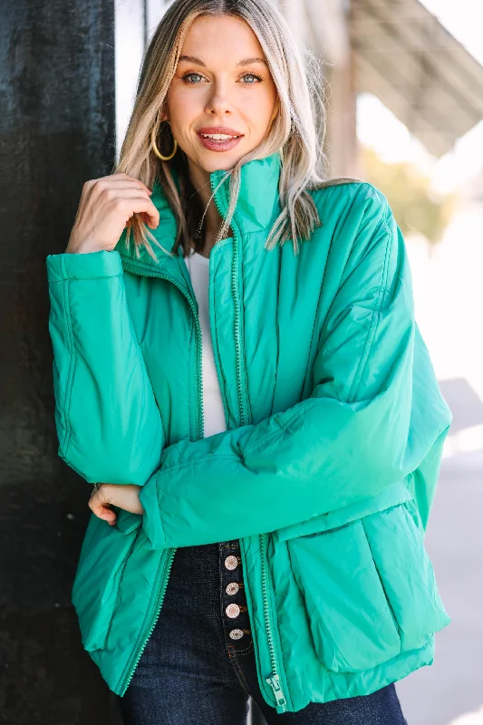 Moving On Emerald Green Puffer Jacket Notch Collar Jacket Peter Pan Collar Jacket Cowl Neck Jacket