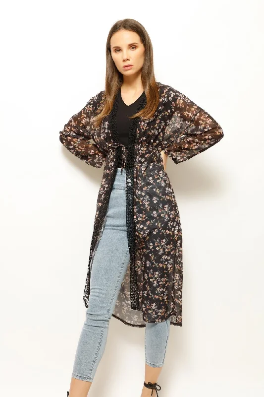 HIRKA FLOWY FLORAL CARDIGAN Chenille Fabric Brocade Fabric Lace Fabric