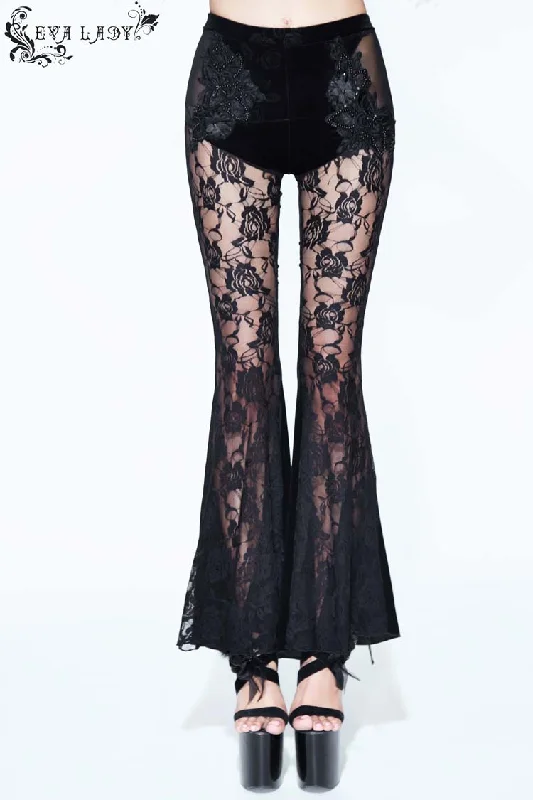 Black Side Bead Chain Flowers Splice Rose Pattern Lace Embossed Women's Gothic Knitted Flare Trousers Trousers Winter Warm Black Side Bead Chain Flowers Splice Rose Pattern Lace Embossed Women's Gothic Knitted Flare Trousers Trousers Winter Warm