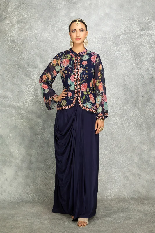 Blue Embroidered Printed Jacket With Drape Skirt Embroidered Jacket Appliqued Jacket Beaded Jacket Blue Embroidered Printed Jacket With Drape Skirt Embroidered Jacket Appliqued Jacket Beaded Jacket
