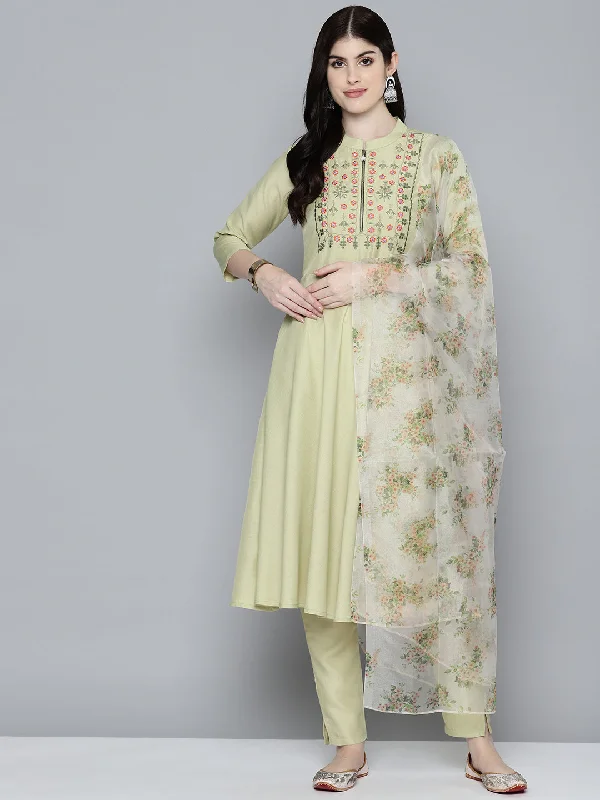 Women Embroidered Thread Work Kurta & Trousers With Dupatta Lime - Rasiya Trousers Harem Relaxed Fit