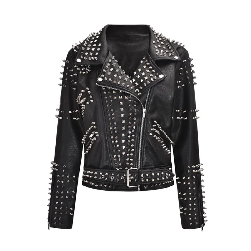 Black Leather Studded Stylish Heavy Punk Jacket Embroidered Jacket Appliqued Jacket Beaded Jacket