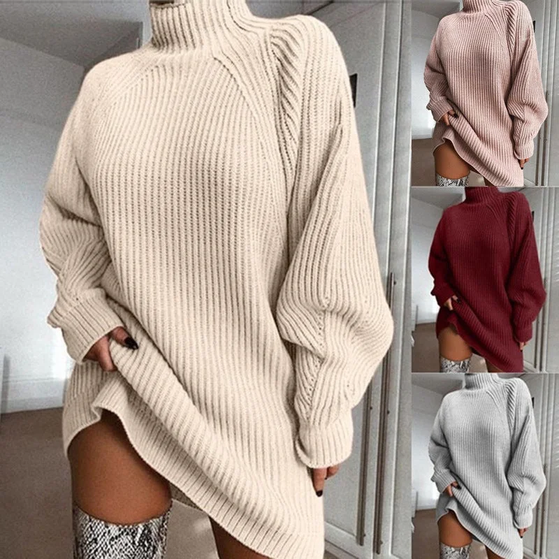 Europe and the United States foreign trade autumn and winter new women's sweater mid-length with shoulder sleeve half turtleneck sweater dress Slim Fit Regular Fit Oversized