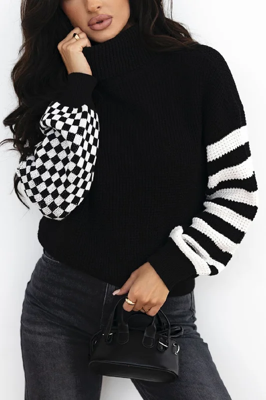 Hazel Blues® |  Striped & Checkered Turtleneck Dropped Shoulder Sweater Solid Print Embellished