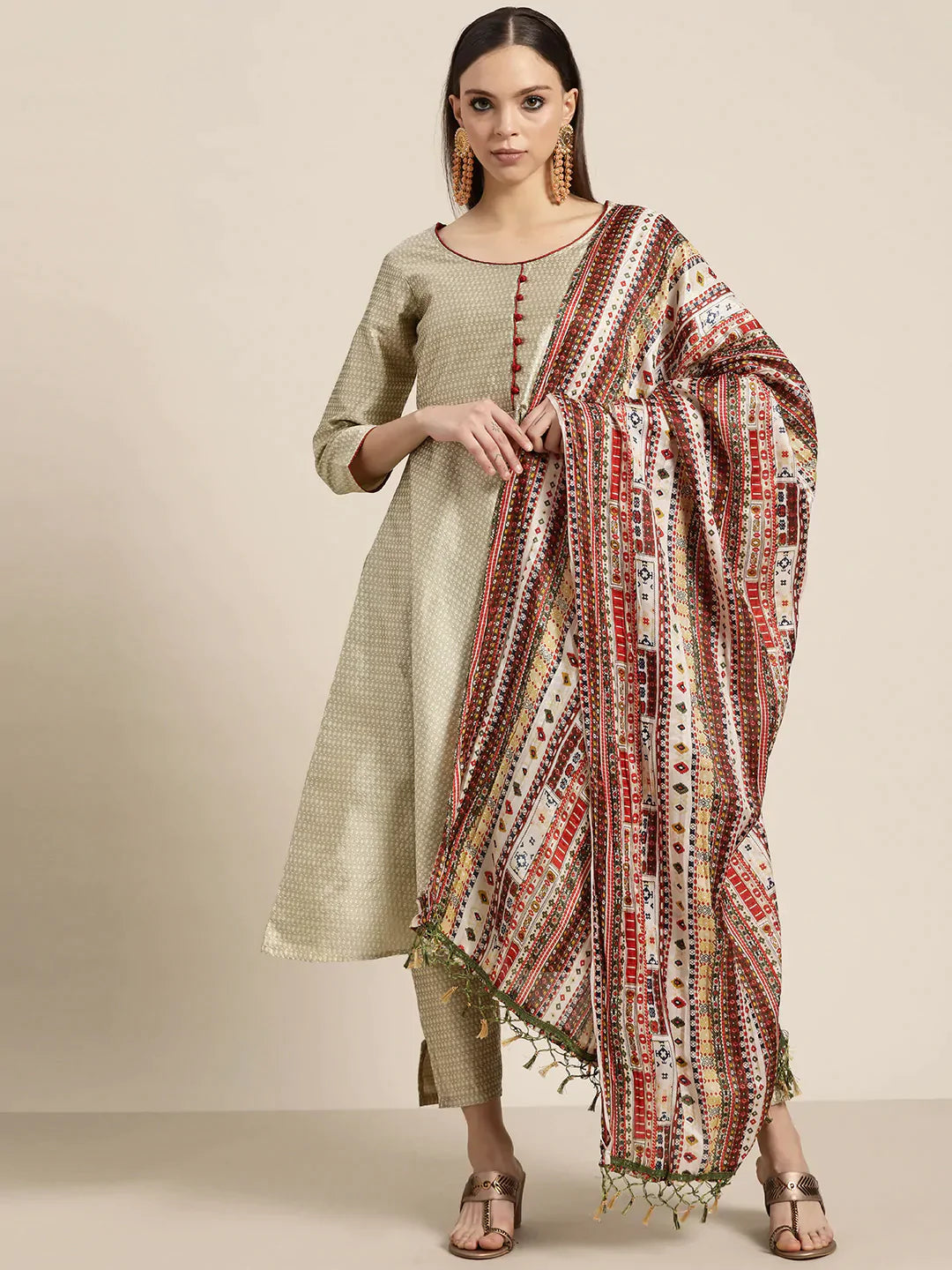 Women Dupion Silk Jacquard Kurta With Trousers & Dupatta Beige - Rasiya Trousers Striped Patterned