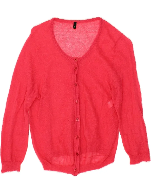 BENETTON Womens Crop Cardigan Sweater UK 12 Medium Pink Polyamide Toggled Drawstring Belted