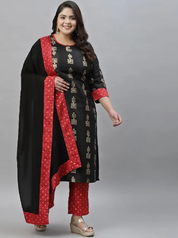 Sztori Plus Size Geometric Printed Straight Kurta With Trousers & Dupatta Trousers Bootcut Casual