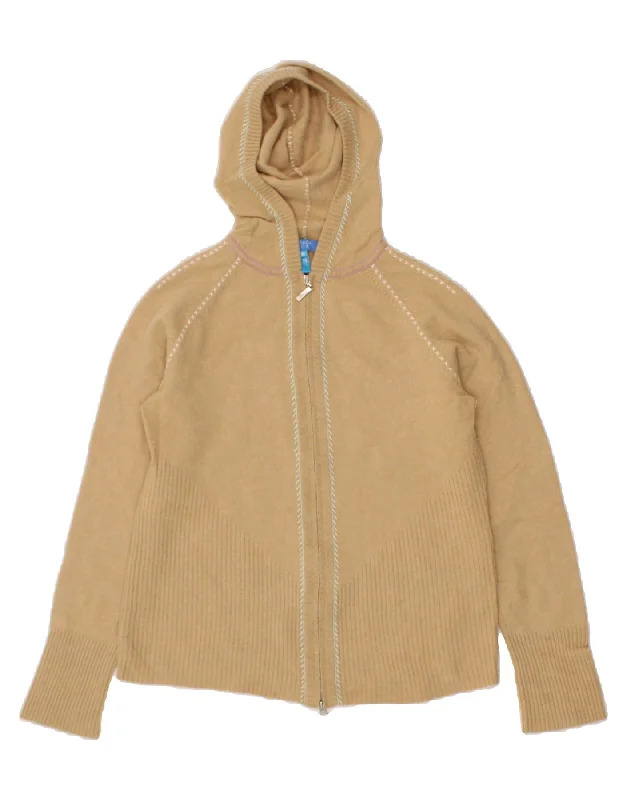 ESCADA Womens Crop Hooded Cardigan Sweater UK 14 Medium Beige Merino Wool Collared Crew Neck Turtle Neck ESCADA Womens Crop Hooded Cardigan Sweater UK 14 Medium Beige Merino Wool Collared Crew Neck Turtle Neck