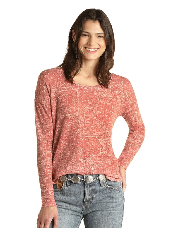 Panhandle WLWT52R0TO Ladies Bandana Print Sweater Top Orange Lace Blend Ribbed Blend Corduroy Blend